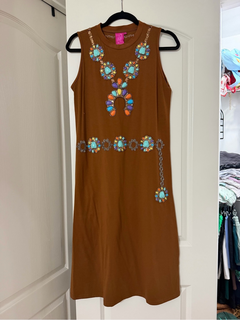 QUEEN OF SPARKLES Brown Midi Dress with Multicolor Jeweled Embellishments